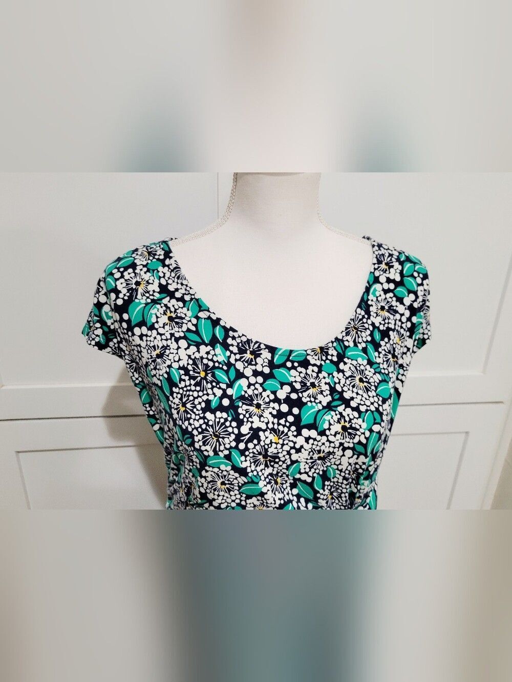 Lands' End Cotton Blend Teal, Navy & White Floral Print Midi Dress | Size Medium - Picture 3 of 7